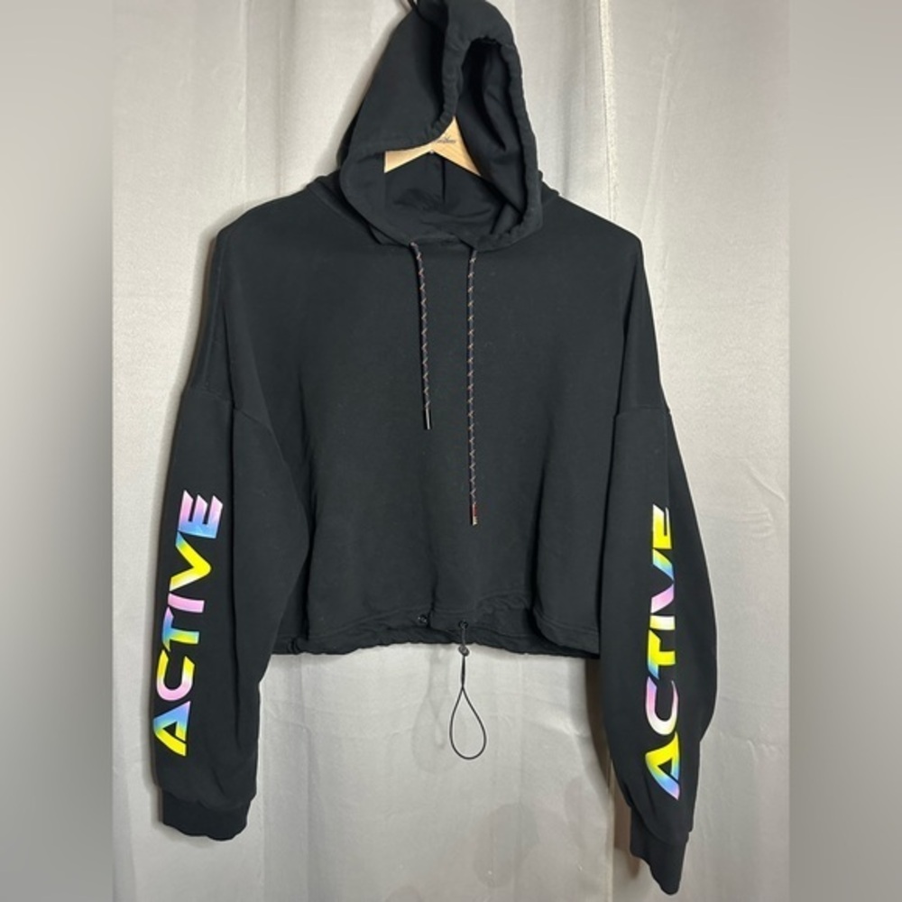 Zyia Active Black Iridescent Rainbow Graphic Cropped Hoodie Sweatshirt Large